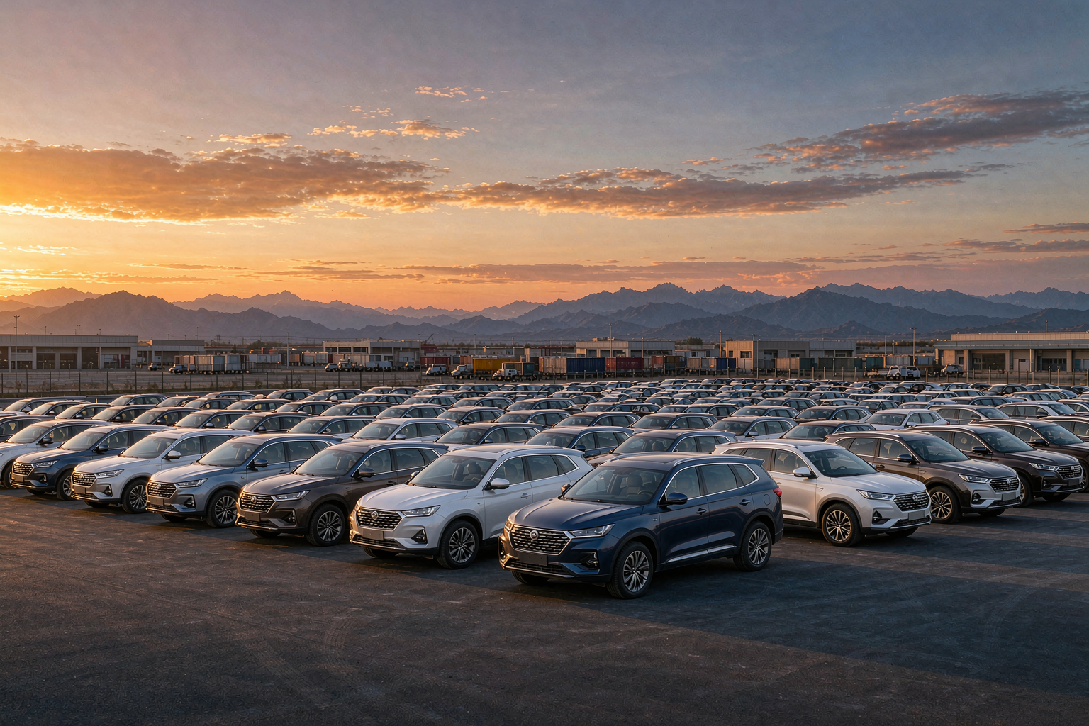 New vehicles lined up at the export yard
